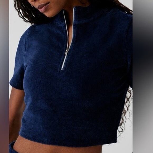 ALO Yoga Tops - Alo Sweatshirt Cropped Micro Corduroy Winter Break Mock Neck Top Navy - Large